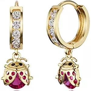 14k Gold Ladybug Channel CZ Hoop Earrings